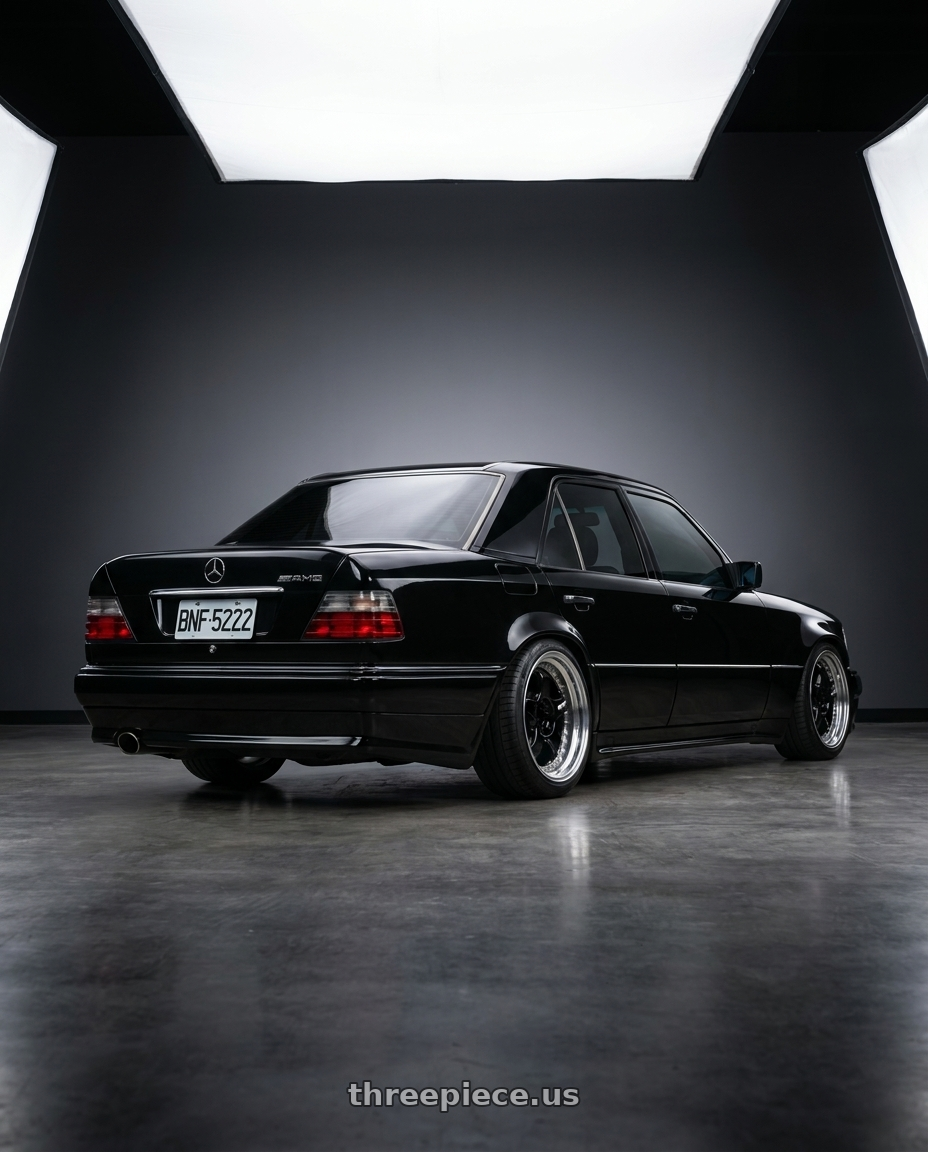 1994 Mercedes Benz W124 E60 with Work Meister S1 3P 5x100 18x8.5+41 A Disk Black wheels rear three quarter view slight stretch tires