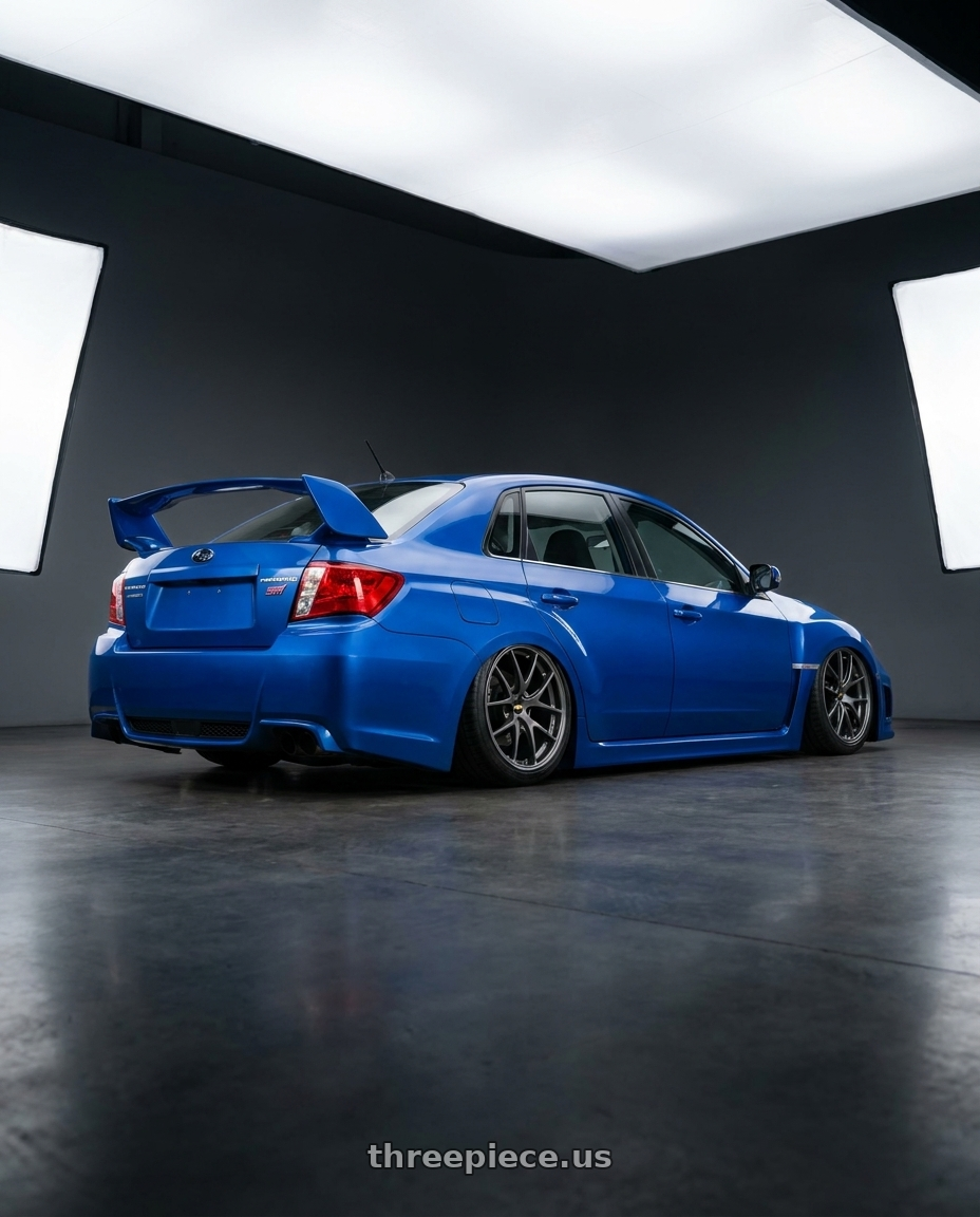 2012 Impreza wrx sti with BBS RI-A 5x114.3 18x9.5 +22 Matte Graphite wheels rear three quarter view slight stretch tires