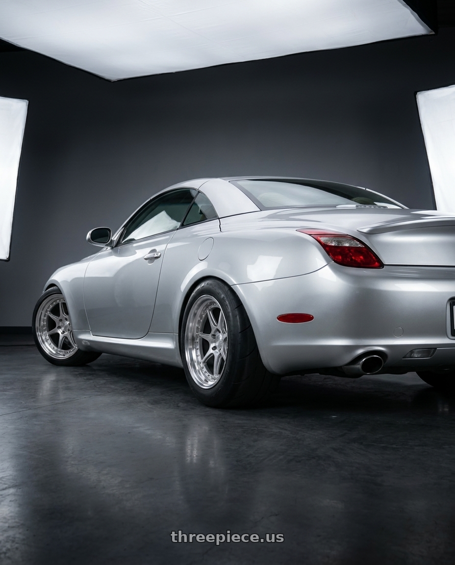 2003 Lexus SC 430 with Aodhan DS-X 5x114.3 19x8.5 +35 Silver w/Machined Face wheels rear three quarter view excessive tires