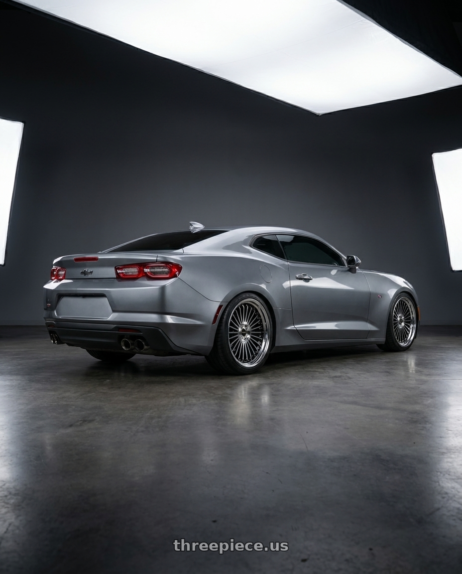 2019 Chevrolet Camaro with Work Emitz Black Polish 5x120 19x7.5 +38 wheels rear three quarter view square tires