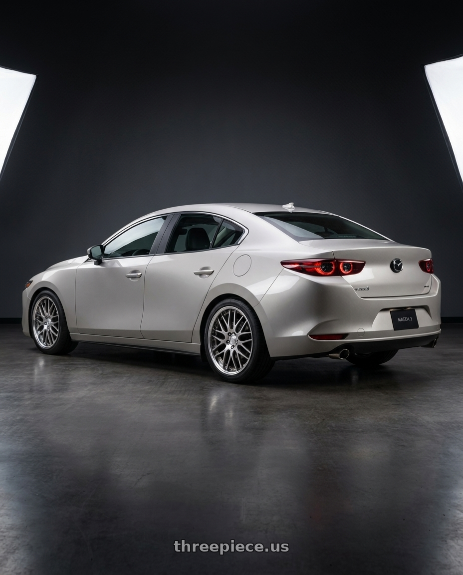 2026 Mazda 3 with Work Lanvec Lm1 5x114.3 18x8+0 O Disk Trans Gray Polish wheels rear three quarter view square tires