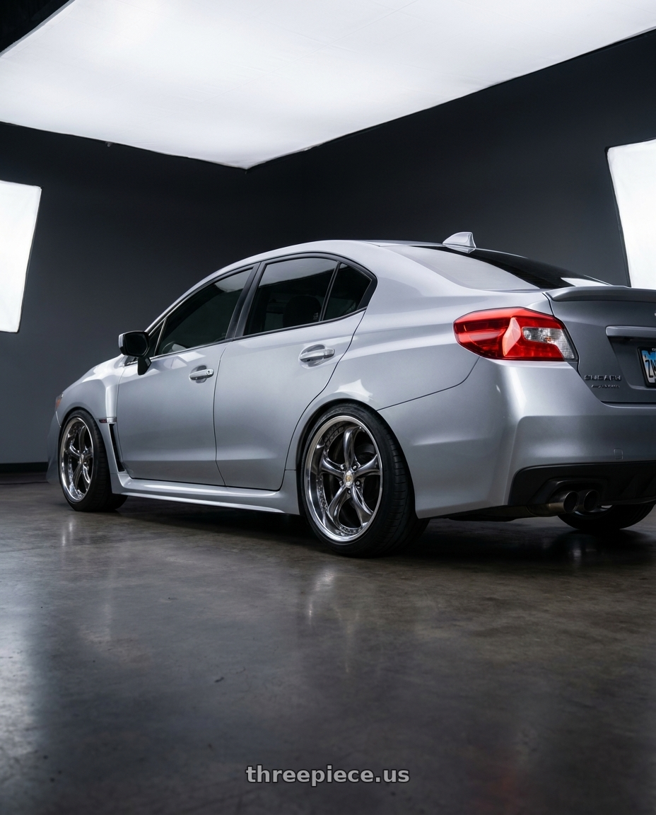 2017 Subaru WRX base silver with Work Wheels VS-KF 5x114.3 18x9.5+22 Brilliant Silver Black L Disk FULL REVERSE wheels rear three quarter view meaty tires