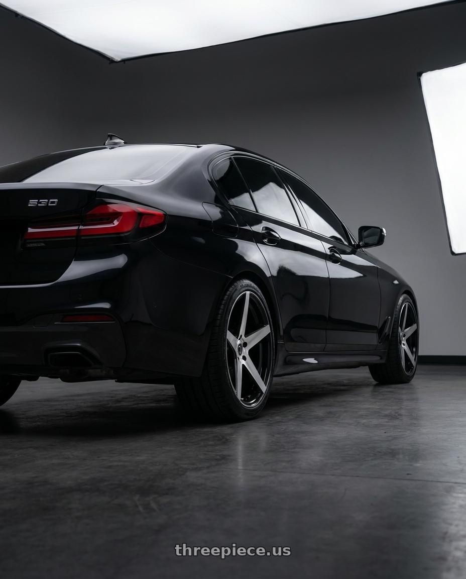 2021 bmw 530 with MARQUEE WHEELS M1001 5x112 20x10.5+38 BLACK / MACHINE wheels rear three quarter view square tires