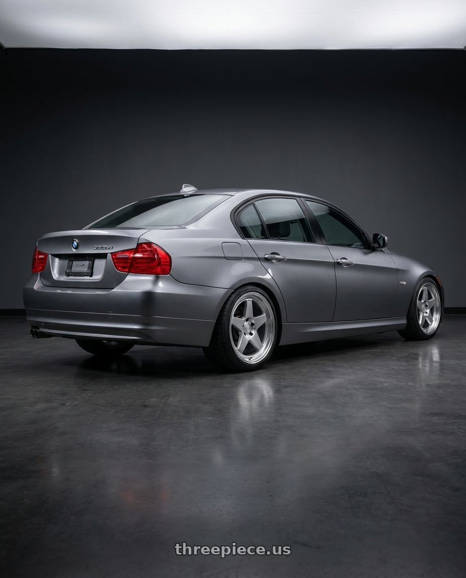 2011 bmw 328xi with Kansei K12H KNP 5X120 18x9.5 22 Hyper Silver wheels rear three quarter view square tires