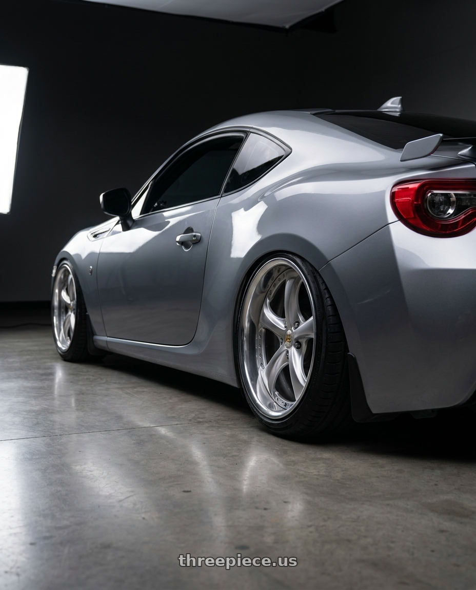 2020 Toyota GT86 with Work Wheels VS-KF 5x100 18x9.5+35 Light Grey Silver L Disk FULL REVERSE wheels rear three quarter view slight stretch tires