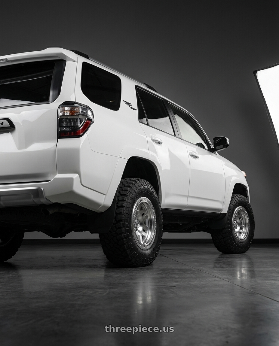 2022 Toyota 4Runner with KMC KM229 MACHETE CRAWL BEADLOCK 6X139.7 17X9 -38 MACHINED wheels rear three quarter view meaty tires