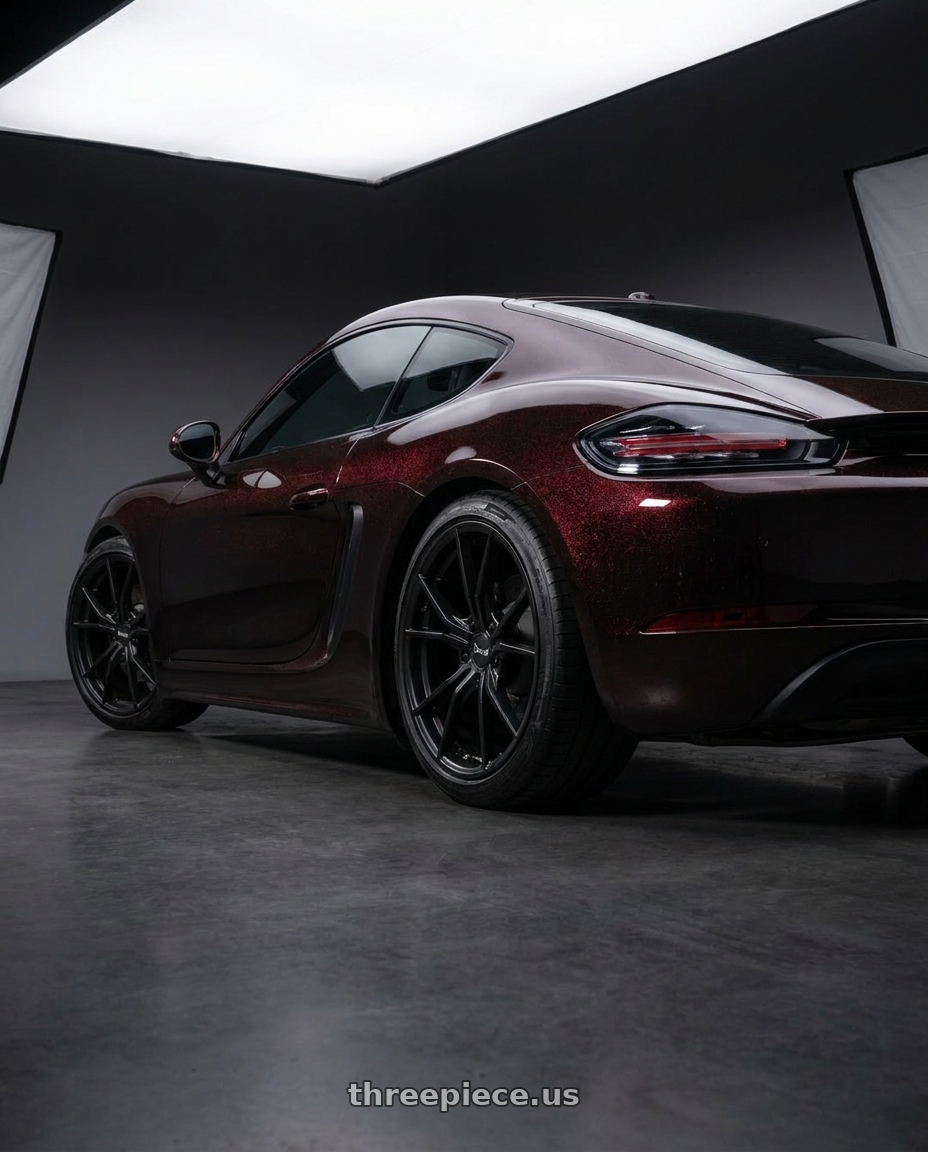 2019 718 Cayman, Matte black - Batman Color themed. with Gear Off Road 768B 5x114.3/5x127 20x10 -19 Gloss Black wheels rear three quarter view square tires