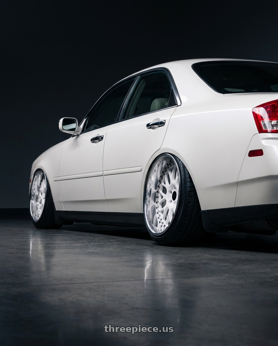 2002 Infiniti M45 with Heritage Wheel OKAYAMA wheels rear three quarter view extreme stretch tires