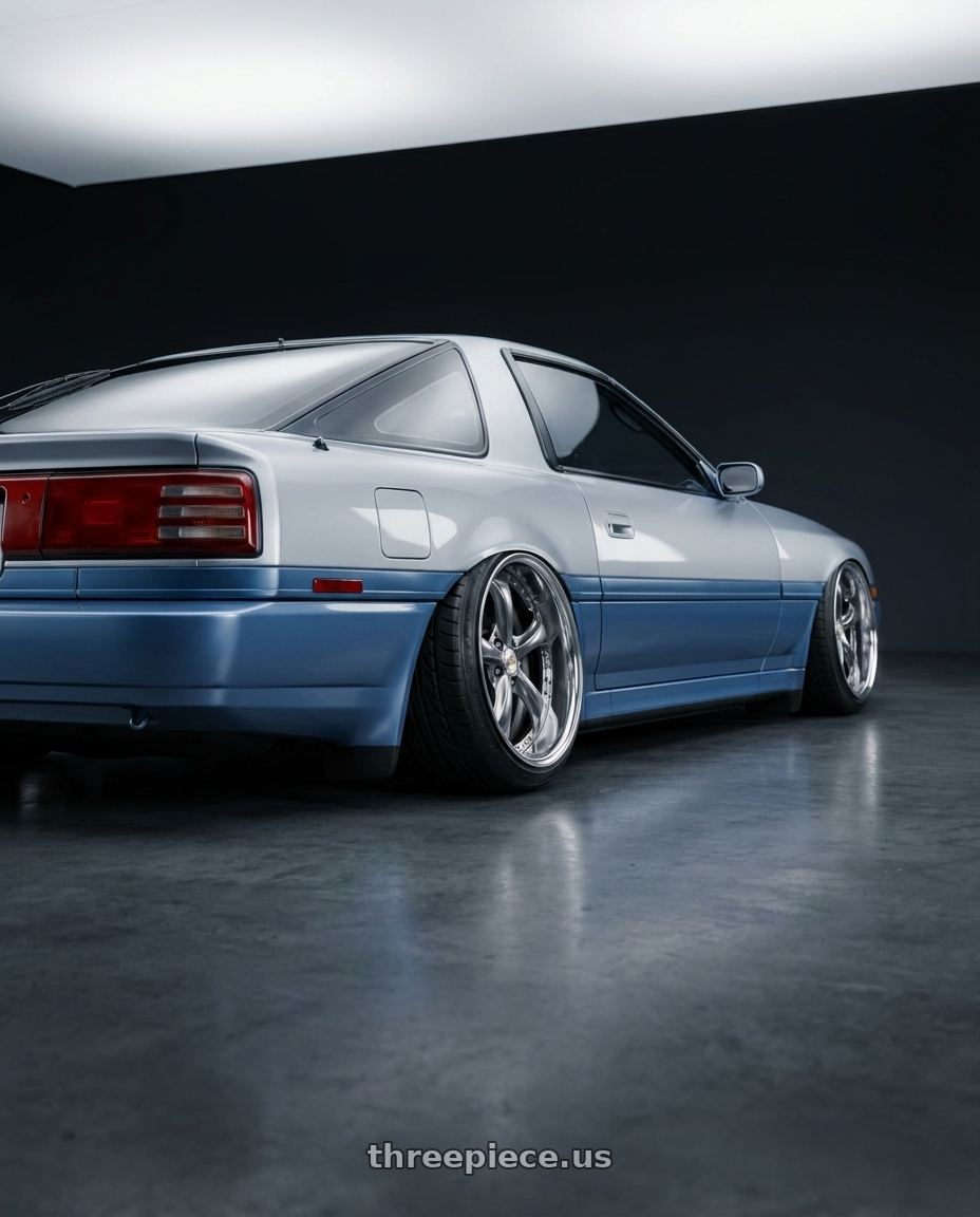 1987 Toyota Supra  with Work Wheels VS-KF 5X114.3 19x7.5+34 Brilliant Silver Black A Disk FULL REVERSE wheels rear three quarter view extreme stretch tires