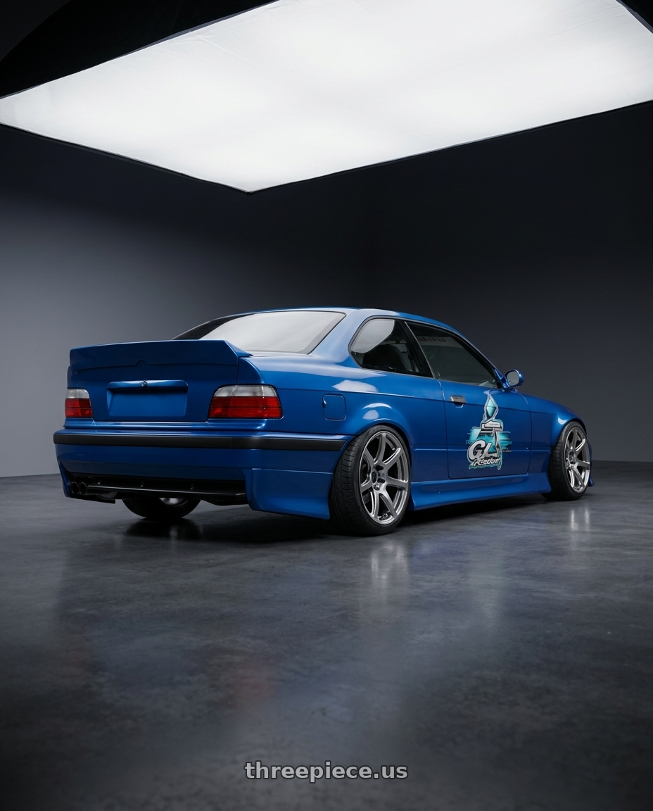 1999 BMW E36 Coupe DRIFT with Work Emotion T7r 5x100 18x10.5 +12 Gt Silver wheels rear three quarter view square tires