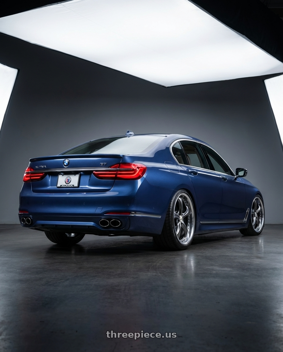 2018 Alpina B7 with Work Wheels VS-KF 5X114.3 19x8+15 Brilliant Silver Black A Disk FULL REVERSE wheels rear three quarter view slight stretch tires