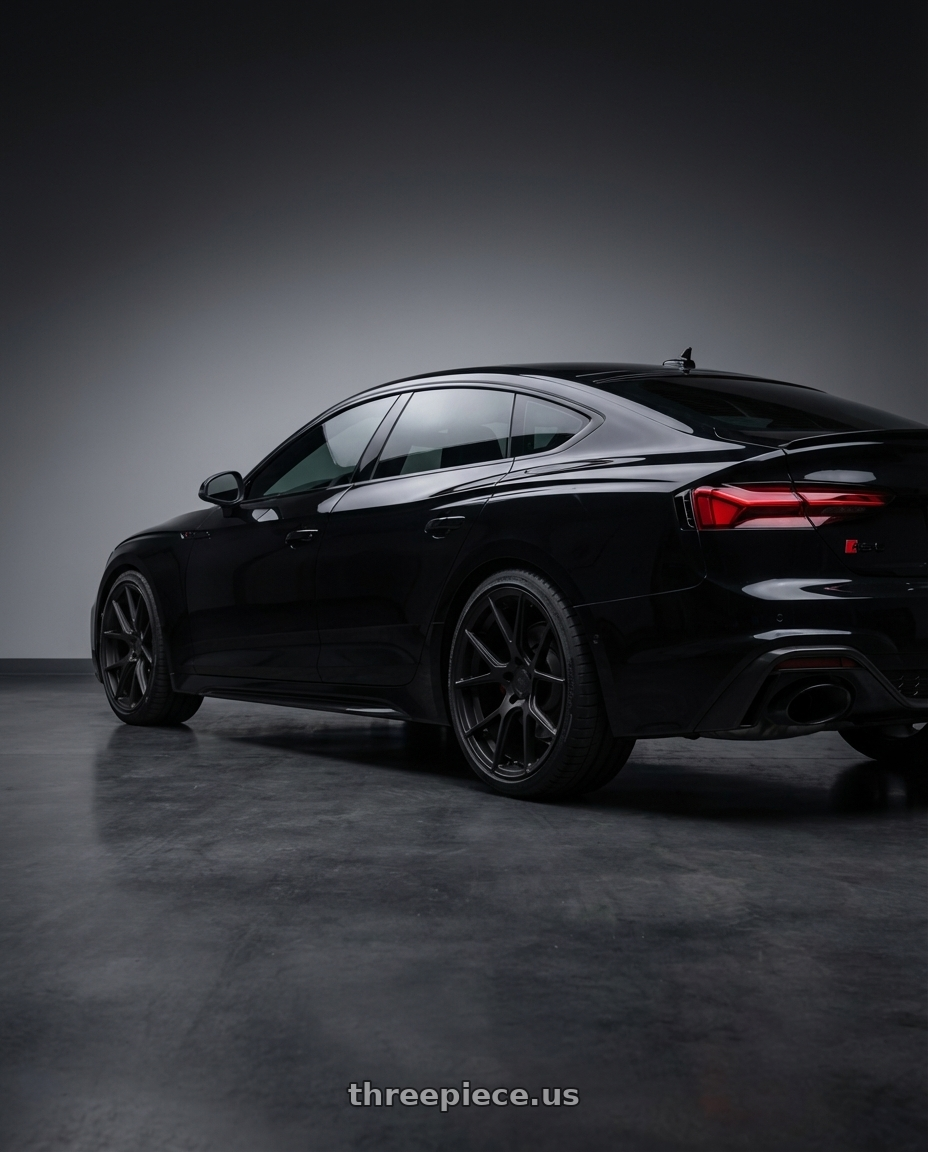 2022 Audi RS5 with Avant Garde Wheels M510 5X112 20x8.5 +32 Matte Black wheels rear three quarter view square tires