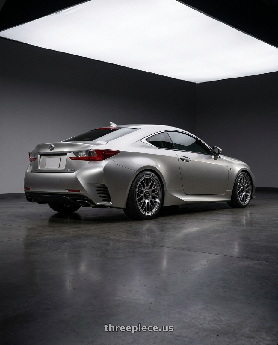 2020 lexus rc300 with Konig MRK1 5X114.3 19x8.5+43 Hyper Carbon - Gloss Black Gear Cap/Logo/Cover Plate wheels rear three quarter view slight stretch tires