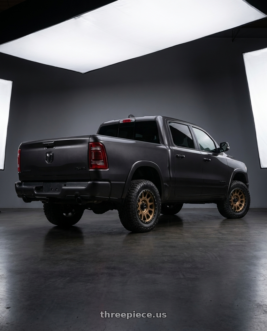 2021 Ram 1500 Laramie with Method Race Wheels 305BZ NV 6x139.7 18x9 -12 METHOD BRONZE wheels rear three quarter view square tires
