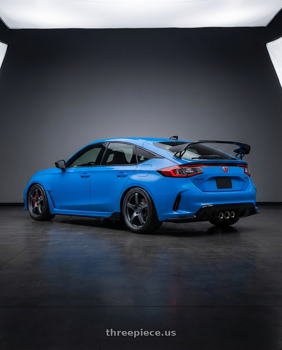 2024 Honda Civic Type R with Gram Lights 57CR 5x120 19x9.5+45 Gunblue II wheels rear three quarter view square tires