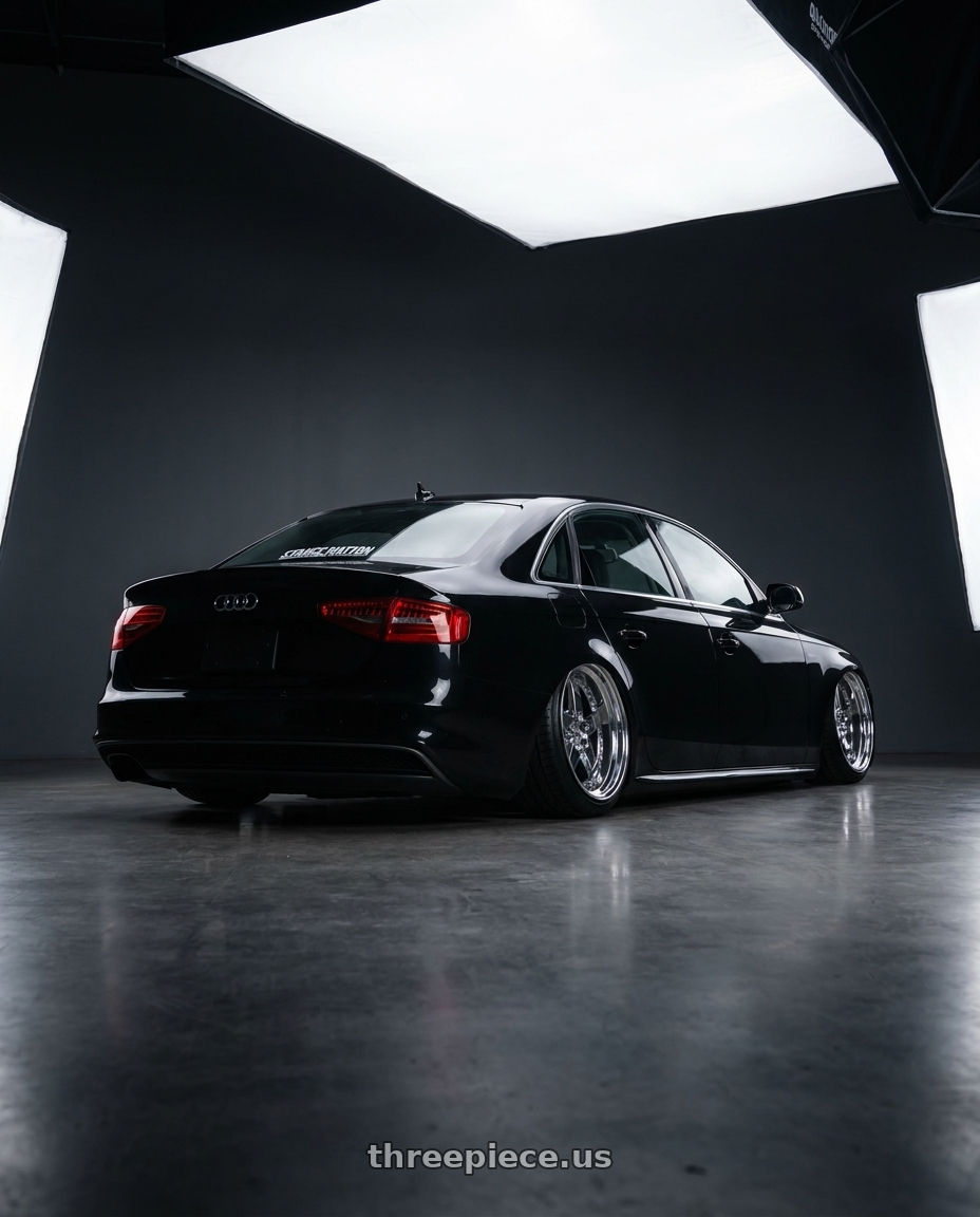 2013 Audi a4 with Work Equip E05 5x108 19x10.5+10 r disk 3d Chrome wheels rear three quarter view slight stretch tires
