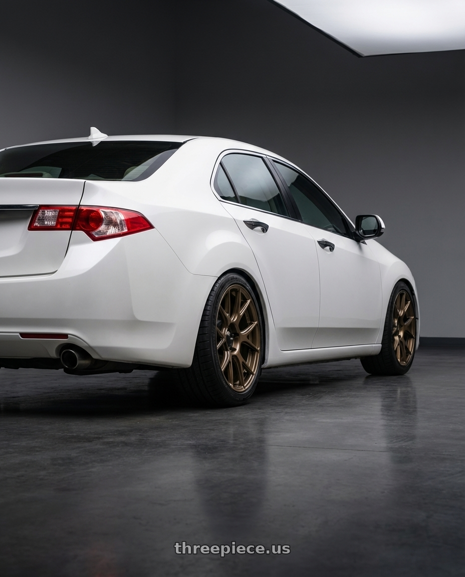 2013 Acura TSX with Konig Ampliform 5x114.3 18x9.5+25 Gloss Bronze wheels rear three quarter view square tires