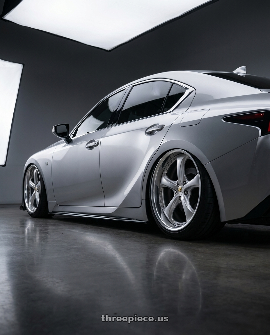 2024 LEXUS IS300 F SPORT DESIGN RWD Iridium Silver with Work Wheels VS-KF 5x114.3 18x9.5+39 Light Grey Silver R Disk FULL REVERSE wheels rear three quarter view square tires