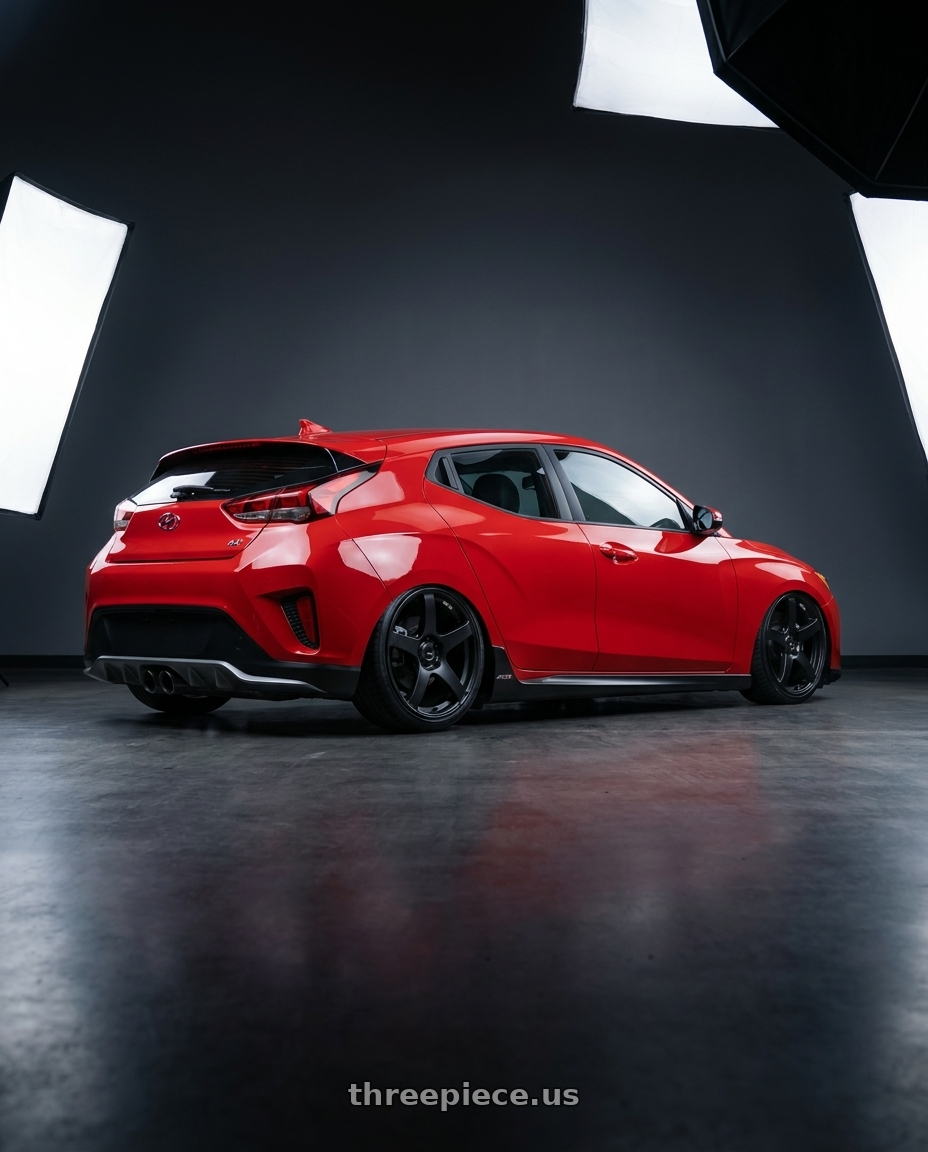 2022 Hyundai Veloster N with Ssr Gtv01 5x114.3 19x8.5+38  FLAT BLACK wheels rear three quarter view slight stretch tires
