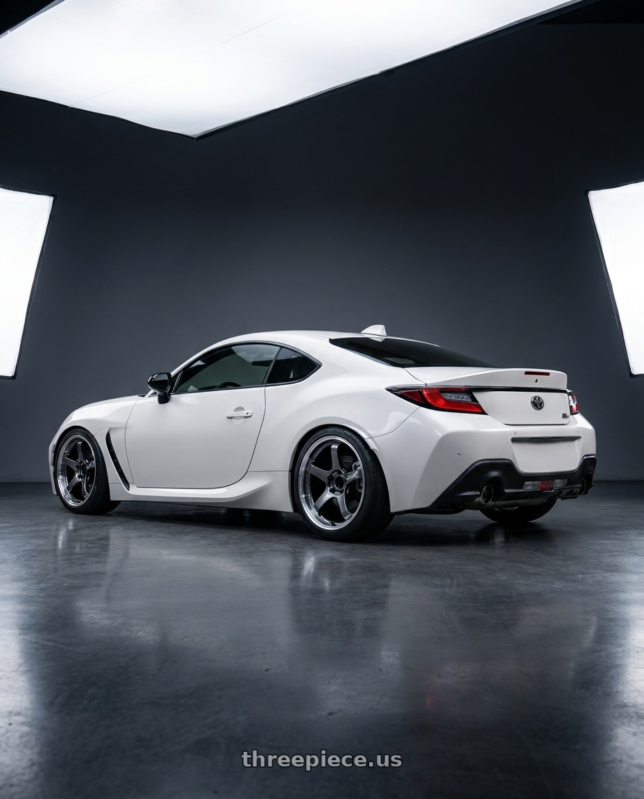 2023 GR86 white with Advan Racing GT BEYOND 5x100 18x8.5 +45 MACHINING & HYPER PLATINUM BLACK wheels rear three quarter view square tires
