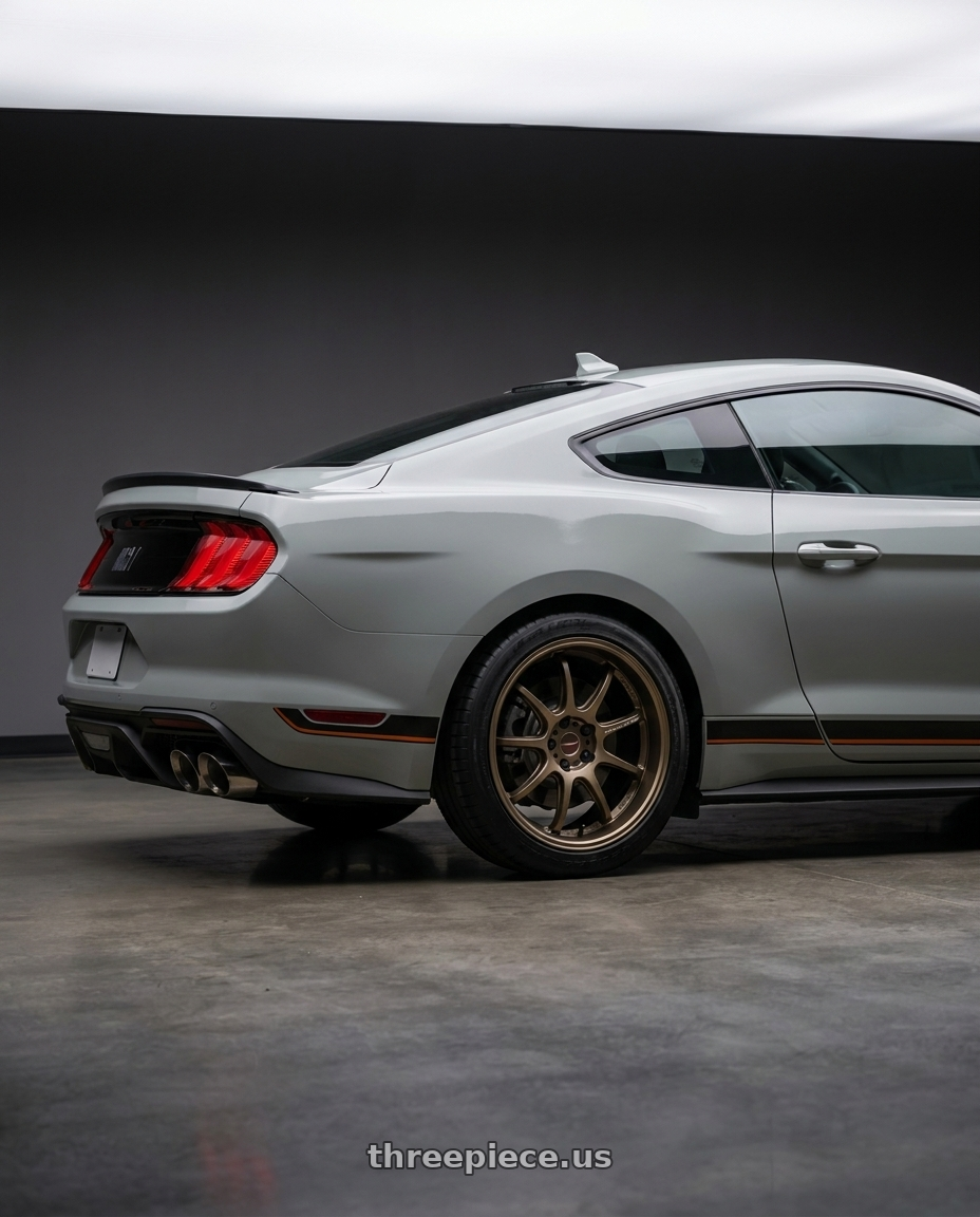 2021 Ford Mustang Mach 1 with Work Emotion D9r 5x114.3 19x8.5 +38 Matte Bronze wheels rear three quarter view square tires