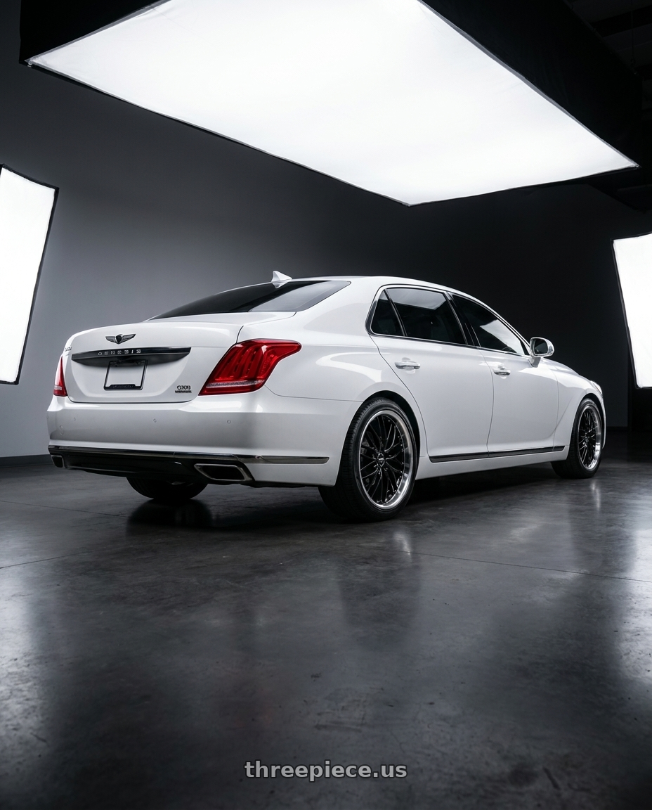 2018 genesis g90 ultimate with MRR GT1 5x114.3 20x10  +40 Black Machine Lip wheels rear three quarter view square tires