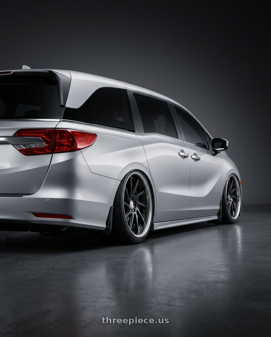2024 honda odyssey with Work Gnosis Cvs 5x120 20x8.5+45 O Disk Matte Black wheels rear three quarter view slight stretch tires
