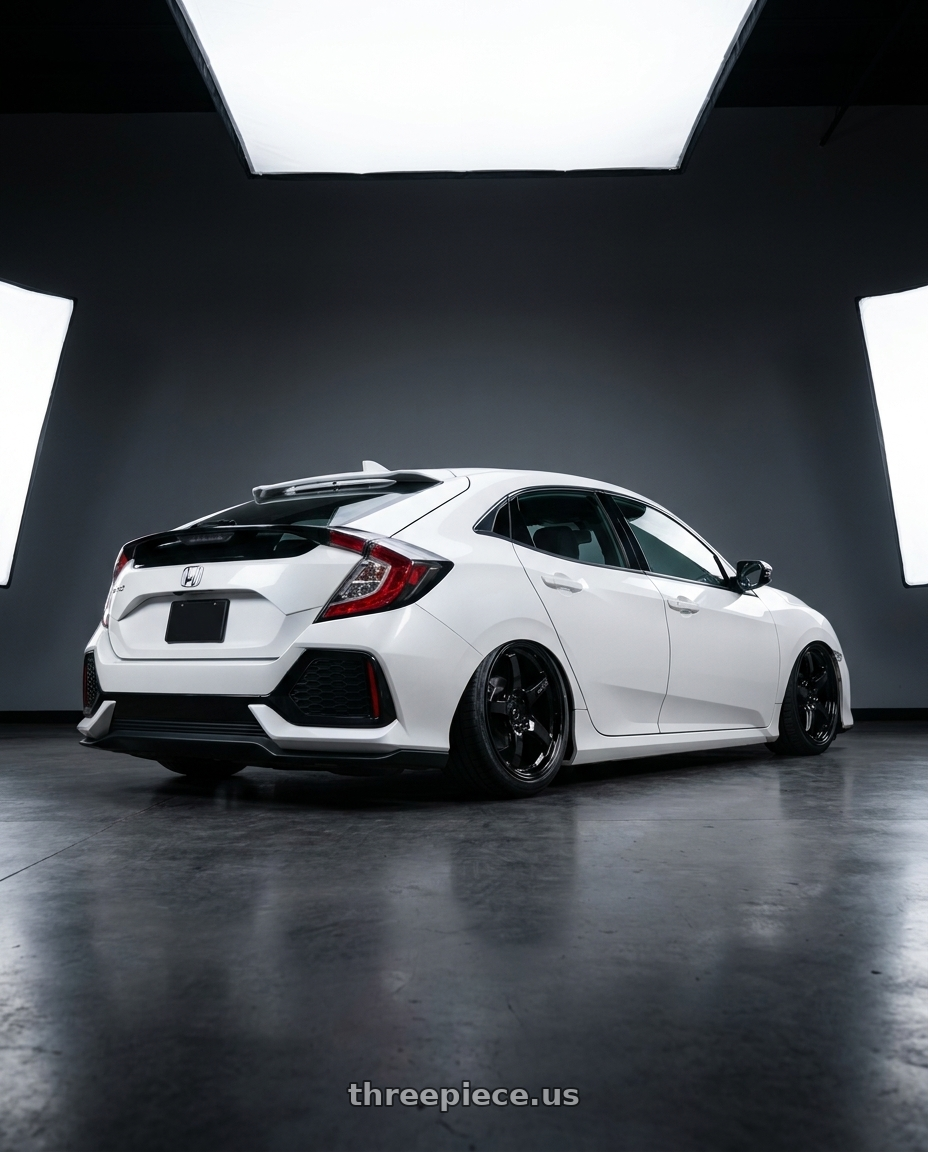 2019 Honda Civic with Gram Lights 57CR 5x114.3 19x10.5+12 Glossy Black wheels rear three quarter view slight stretch tires