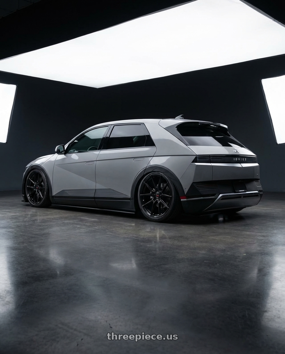 2024 Hyundai Ioniq 5 N with Vossen x Novitec NF10 21x9.5in - 5x114.3 BP - ET38 - Gloss Black Ferrari 296 Front Wheel - F-AFP-332-F01-C25 wheels rear three quarter view slight stretch tires