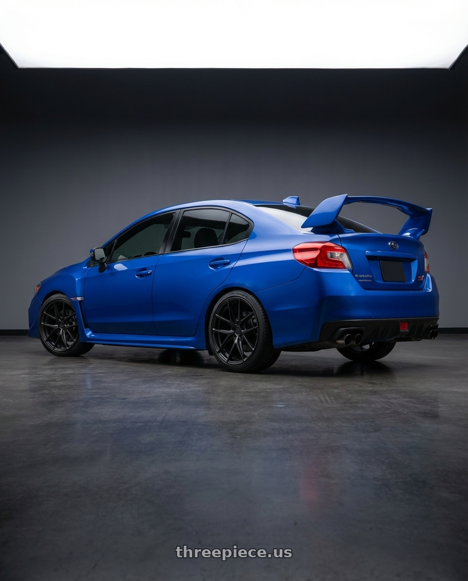 2013 Subaru WRX STI with Niche 1PC M117 MISANO 5X114.3 18X8 +42 MATTE BLACK wheels rear three quarter view square tires