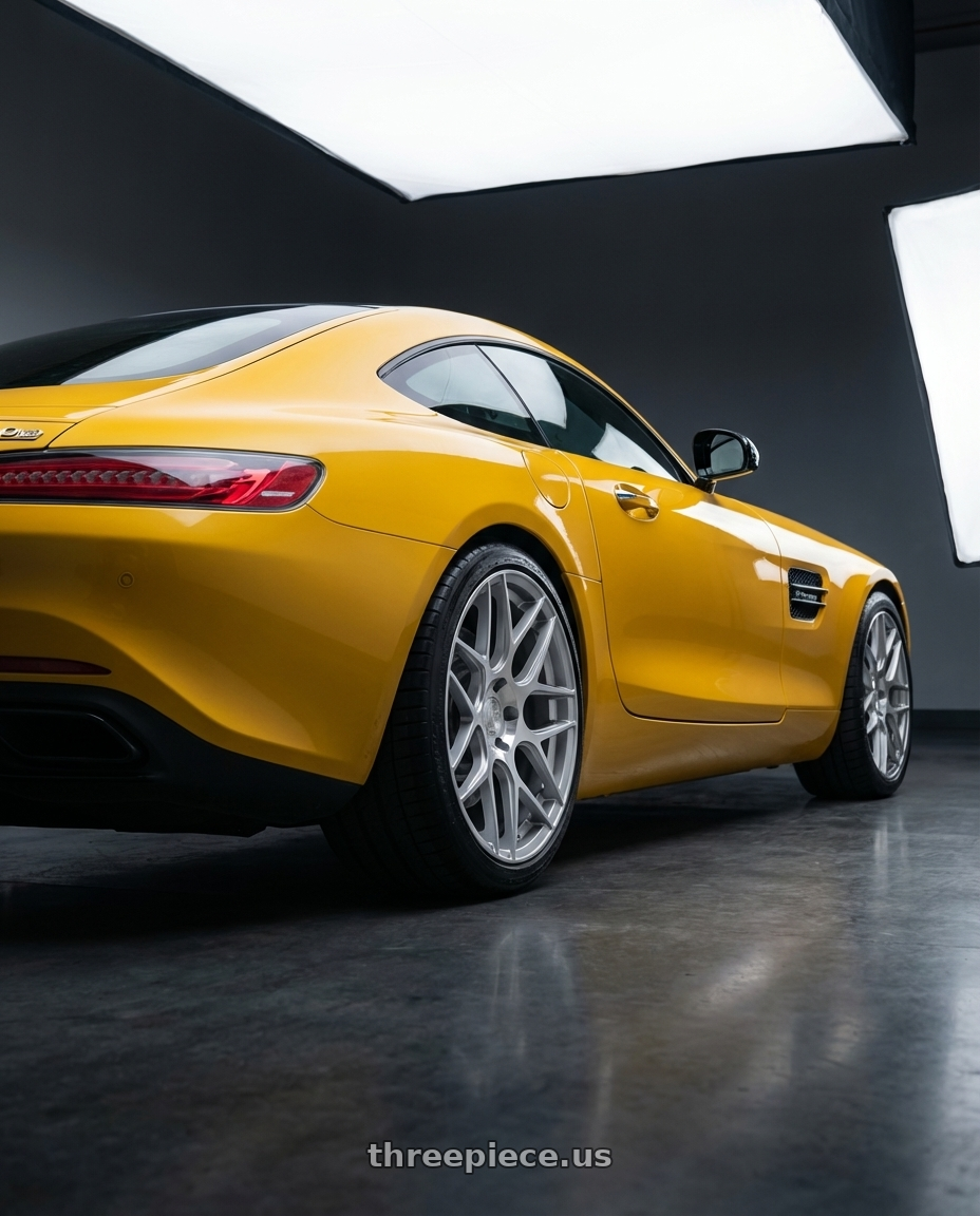 2019 Mercedes-Benz AMG GT with Aodhan AFF2 5x112 19x9.5+35 Gloss Silver Machined Face wheels rear three quarter view square tires