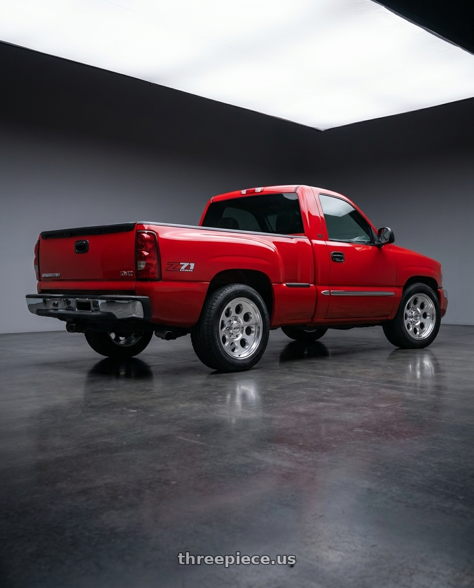 2004 gmc sierra 1500 with G-FX TR-16 6x139.7 18x9+12 Polished wheels rear three quarter view square tires