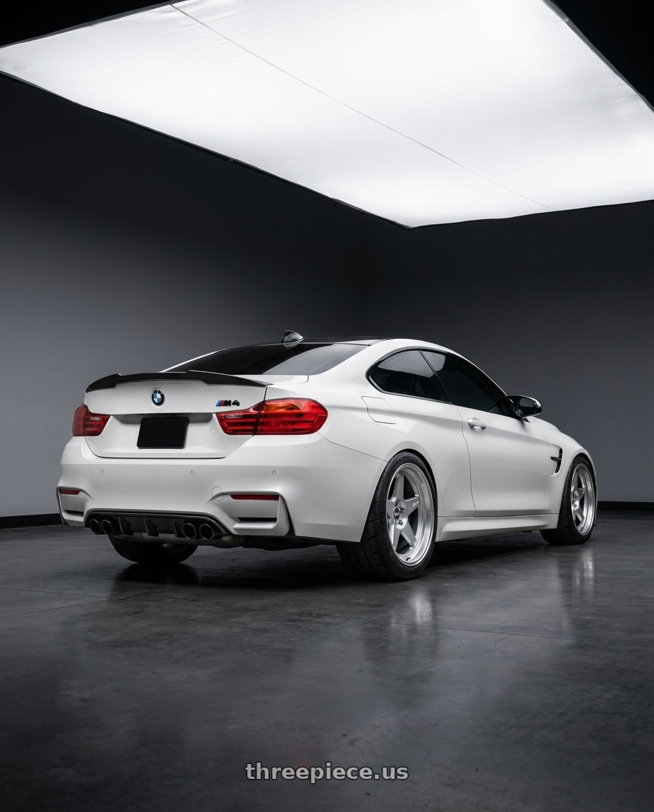 2015 BMW M4 with ESR Wheels CR SERIES CR5 5x105 19x11 +25 Hyper Silver wheels rear three quarter view meaty tires