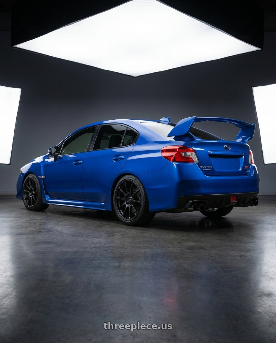 2018 Subaru WRX STI with Ssr Gtv02 5x114.3 18x9+45  FLAT BLACK wheels rear three quarter view square tires