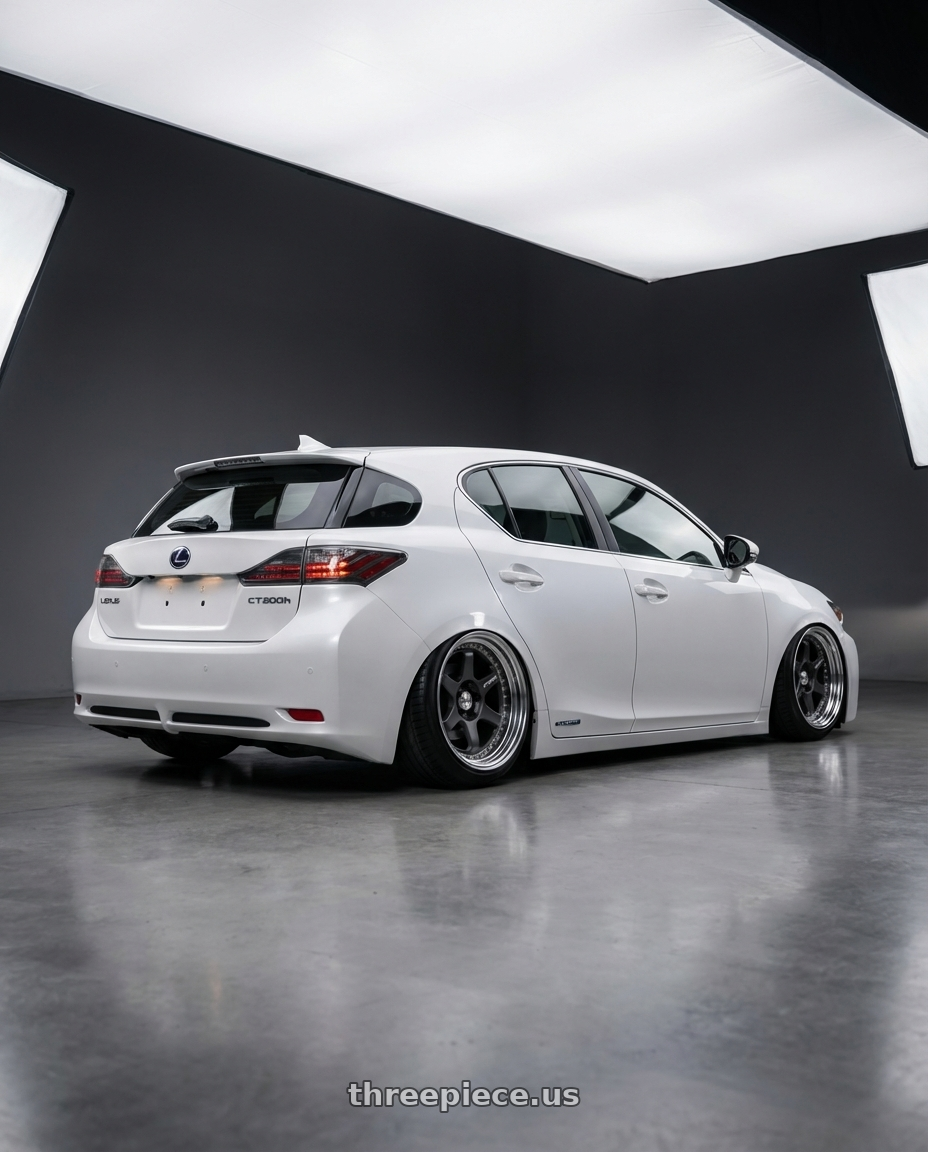 2016 Lexus CT200h with Work Meister L1 3P 5x100 18x11+44 A Disk Matte Gunmetal wheels rear three quarter view slight stretch tires