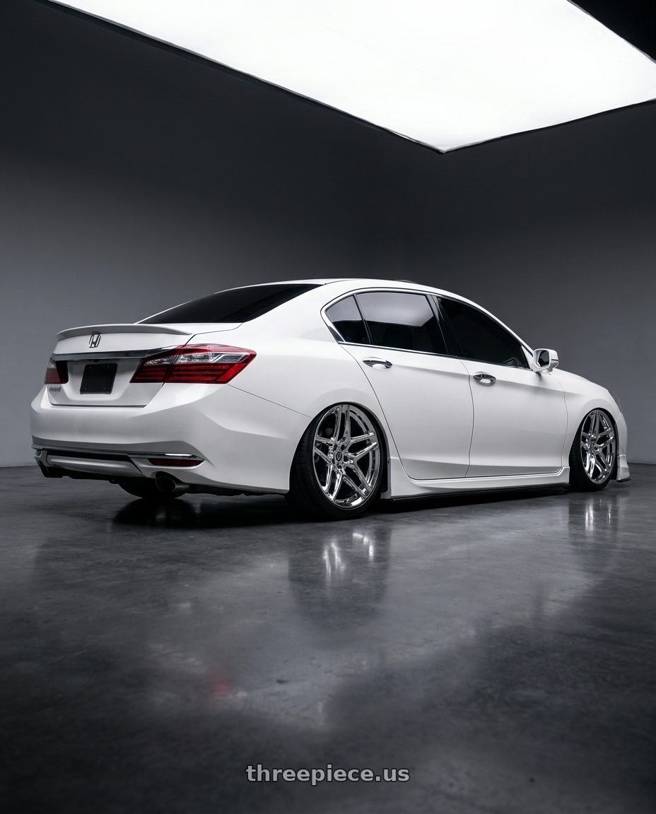 2016 Honda accord with HERITAGE WHEEL EBISU MONOC 5x114.3 20x9 +25 CHROME wheels rear three quarter view square tires