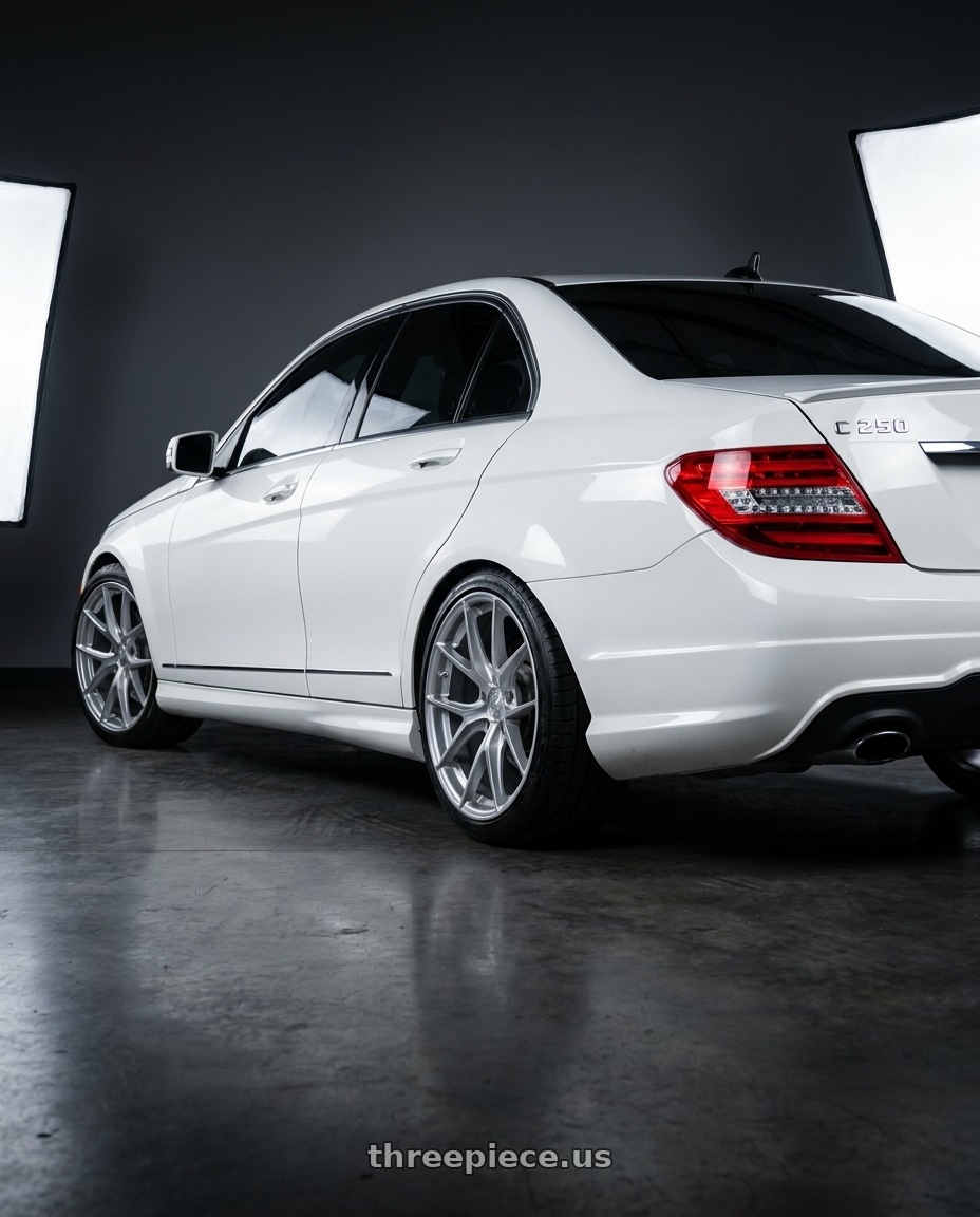 2014 Mercedes-Benz C250 with Aodhan AFF7 5x112 19x8.5+35 Gloss Silver Machined Face wheels rear three quarter view slight stretch tires