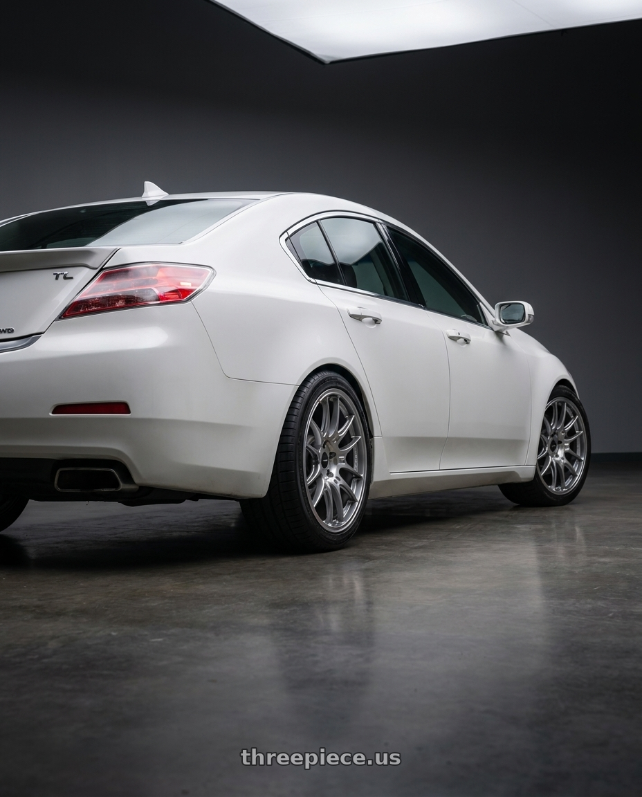 2013 Acura TL SH-AWD White with Enkei GTC02 5x120 18x8.5+35 Hyper Silver wheels rear three quarter view square tires