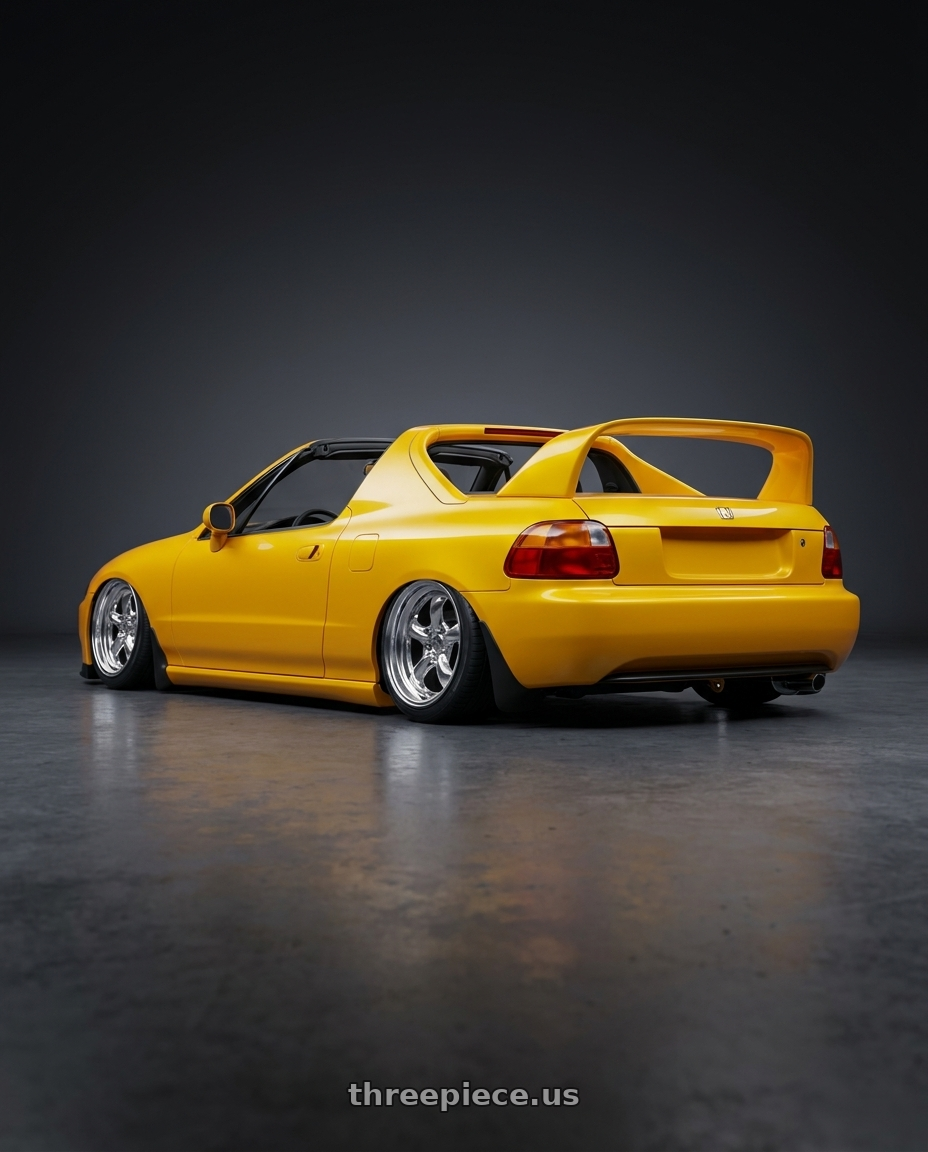 1993 honda del sol with Work Goocars Hemi 4x100 15x8+35 A Disk Bright Buff Finish wheels rear three quarter view square tires
