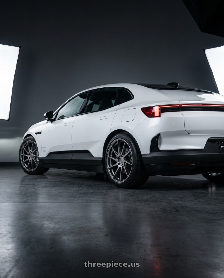 2026 Polestar 4 with Aodhan AH09 5x112 18x9.5 +35 Hyper Black wheels rear three quarter view square tires