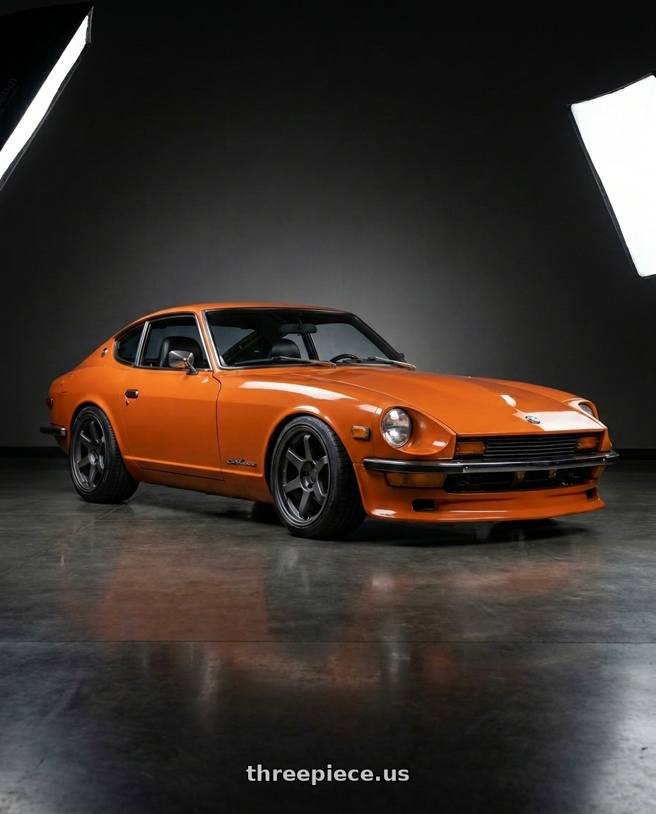 1978 Datsun 280z Orange  with 9six9 SIX-1 5x114.3 18X10 +20 Matte Black wheels