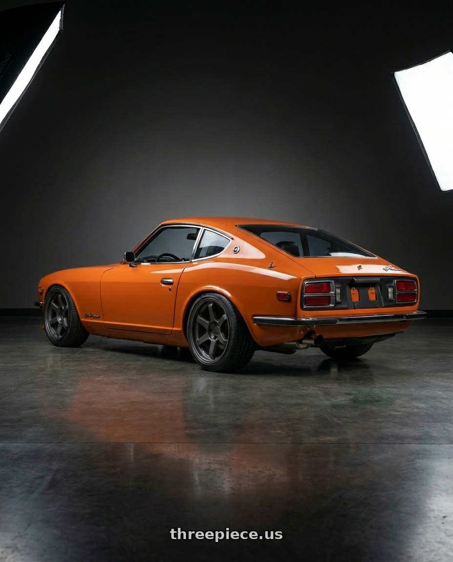 1978 Datsun 280z Orange  with 9six9 SIX-1 5x114.3 18X10 +20 Matte Black wheels rear three quarter view square tires