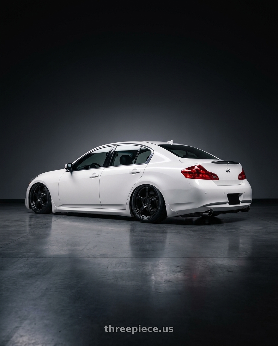 2012 Infiniti G37 with Gram Lights 57CR 5x114.3 19x10.5+35 Glossy Black wheels rear three quarter view slight stretch tires