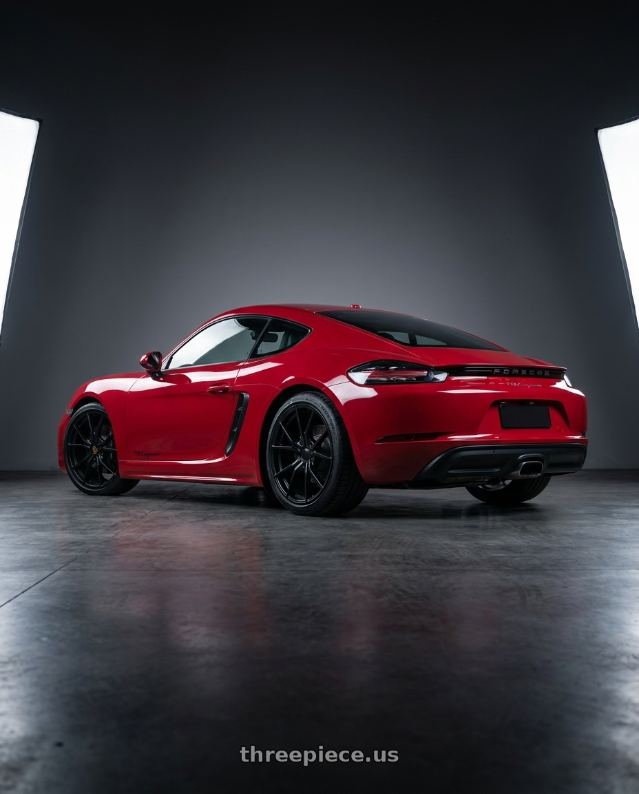 2019 Porsche 718 Cayman, carmine red with OEP 161B 5X115 20x9 +20 Gloss Black wheels rear three quarter view square tires