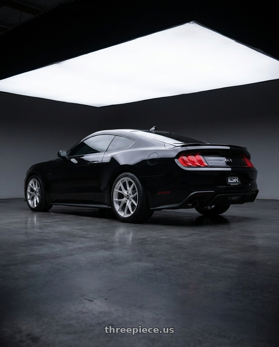 2022 ford mustang gt with ESR Wheels FORGETECH SERIES RF2 5x100 18x8.5 +30 Hyper Silver wheels rear three quarter view square tires