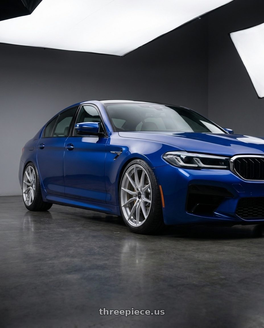 2022 Bmw M5 with Advanti Racing 80S Hybris 5X120 19x8.5 +35 Silver with Machined Face wheels