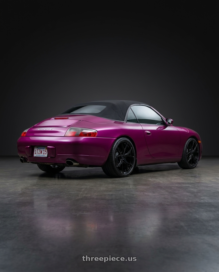 2001 Porsche 911 carrera 4 with MRR FS6 5x130 19x8.5  +45 Gloss Black wheels rear three quarter view slight stretch tires
