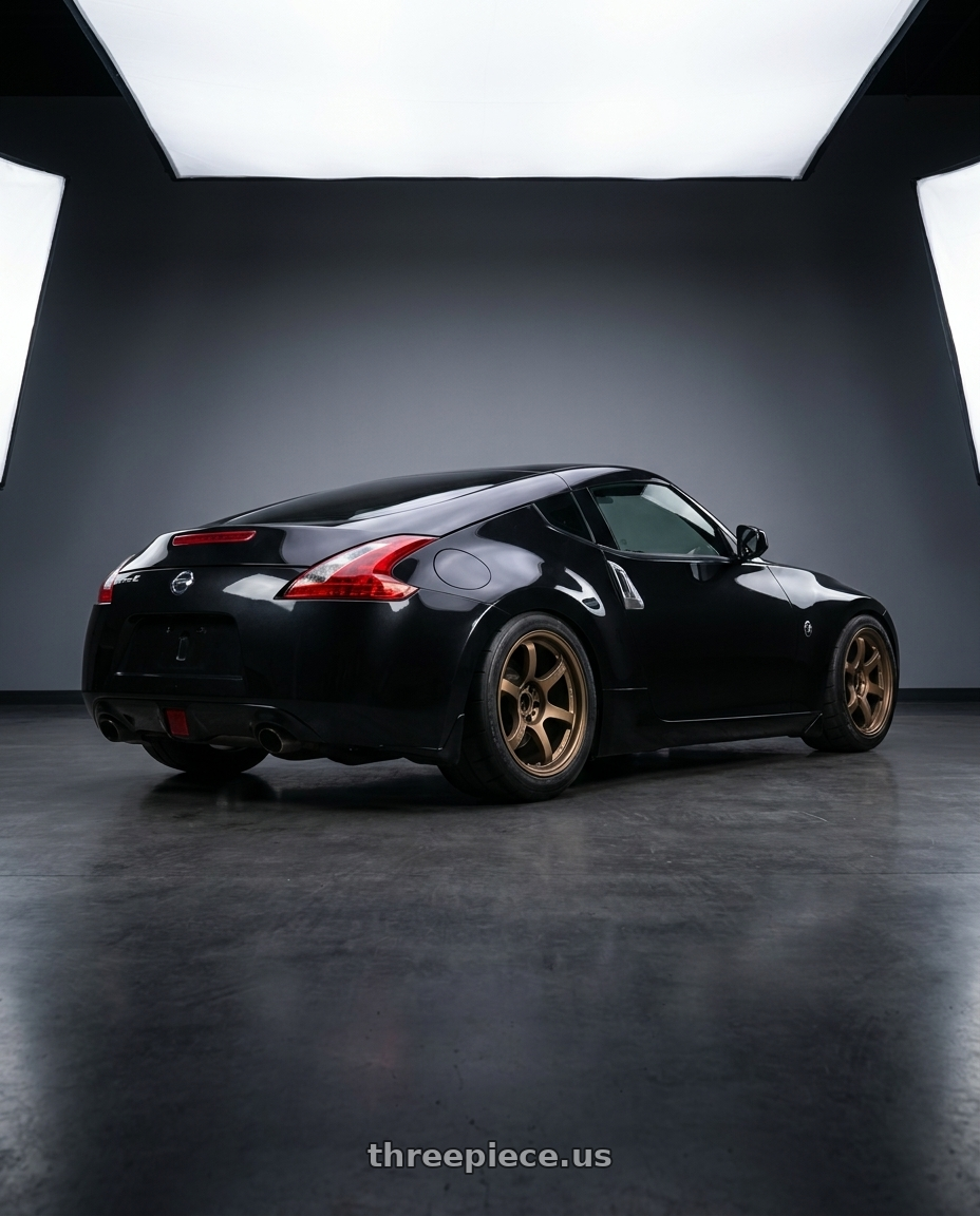 2009 Nissan 370z Magnetic Black Metallic  with Gram Lights 57DR 5x114.3 18x10.5+12 Bronze 2 wheels rear three quarter view meaty tires