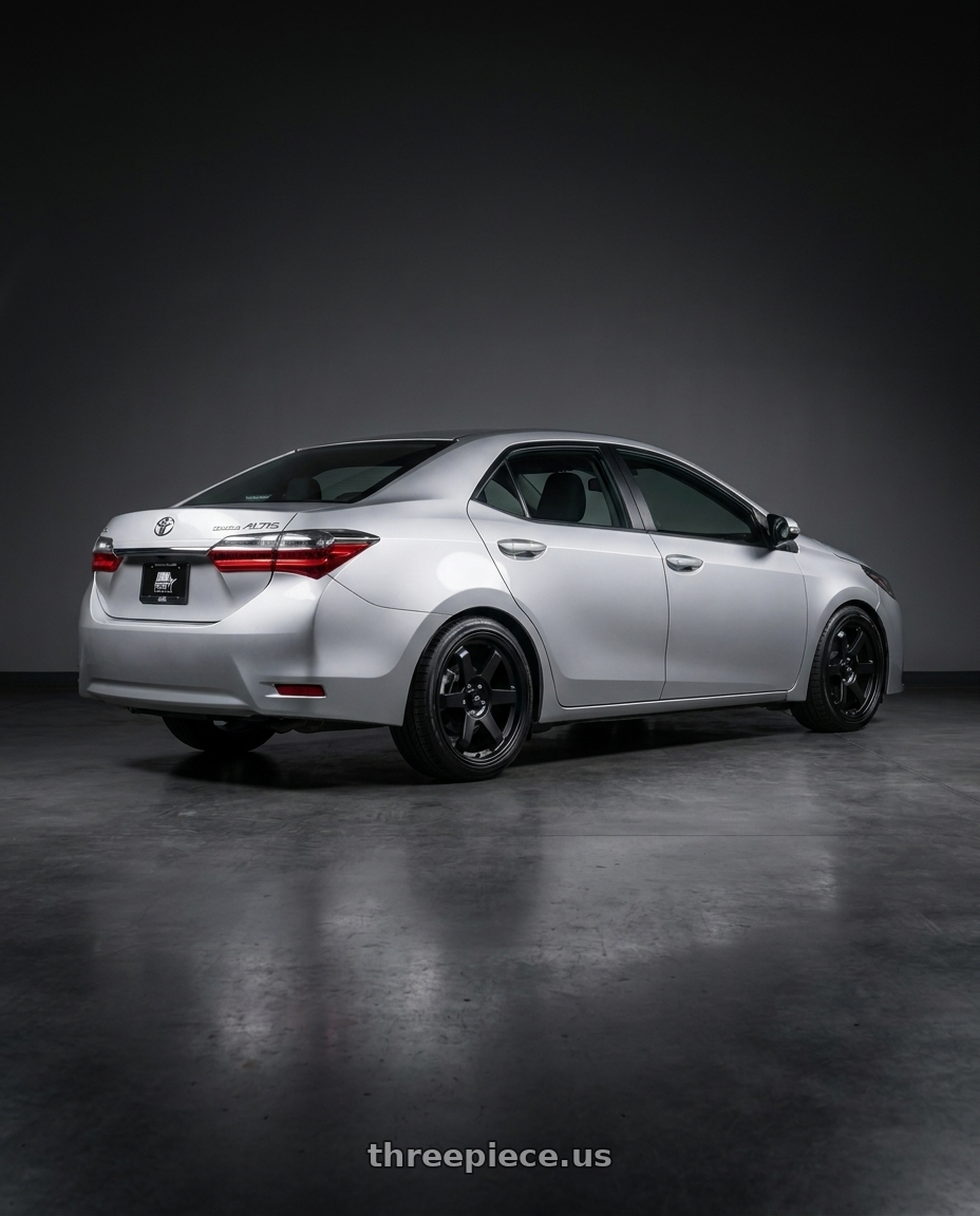 2019 Corolla Altis with MST Wheels MT01 5x100 18x9.5 +35 Matte Black wheels rear three quarter view square tires