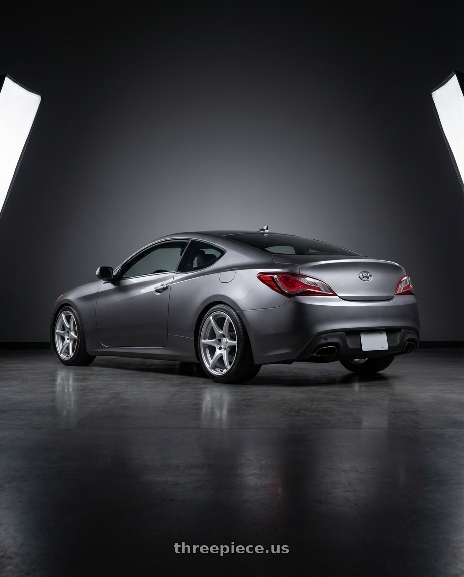 2014 Hyundai Genesis Coupe with Kansei K11S Tandem 5x114.3 19x9.5 12 Hyper Silver wheels rear three quarter view square tires